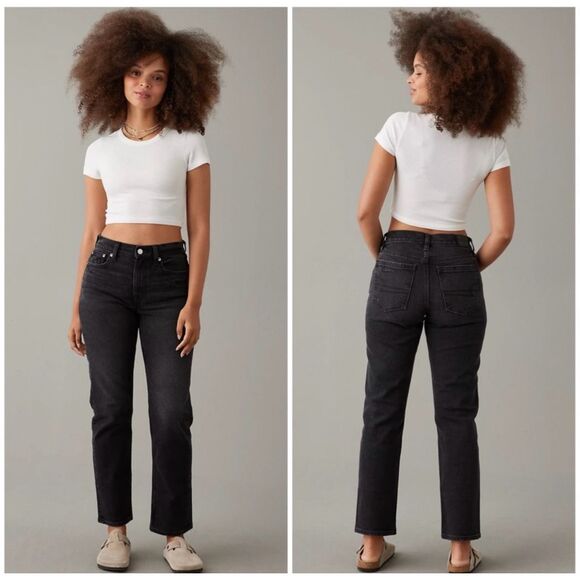 American Eagle Stretch Curvy Straight Black Wash Denim Jeans Women’s Size 10 - Picture 1 of 12
